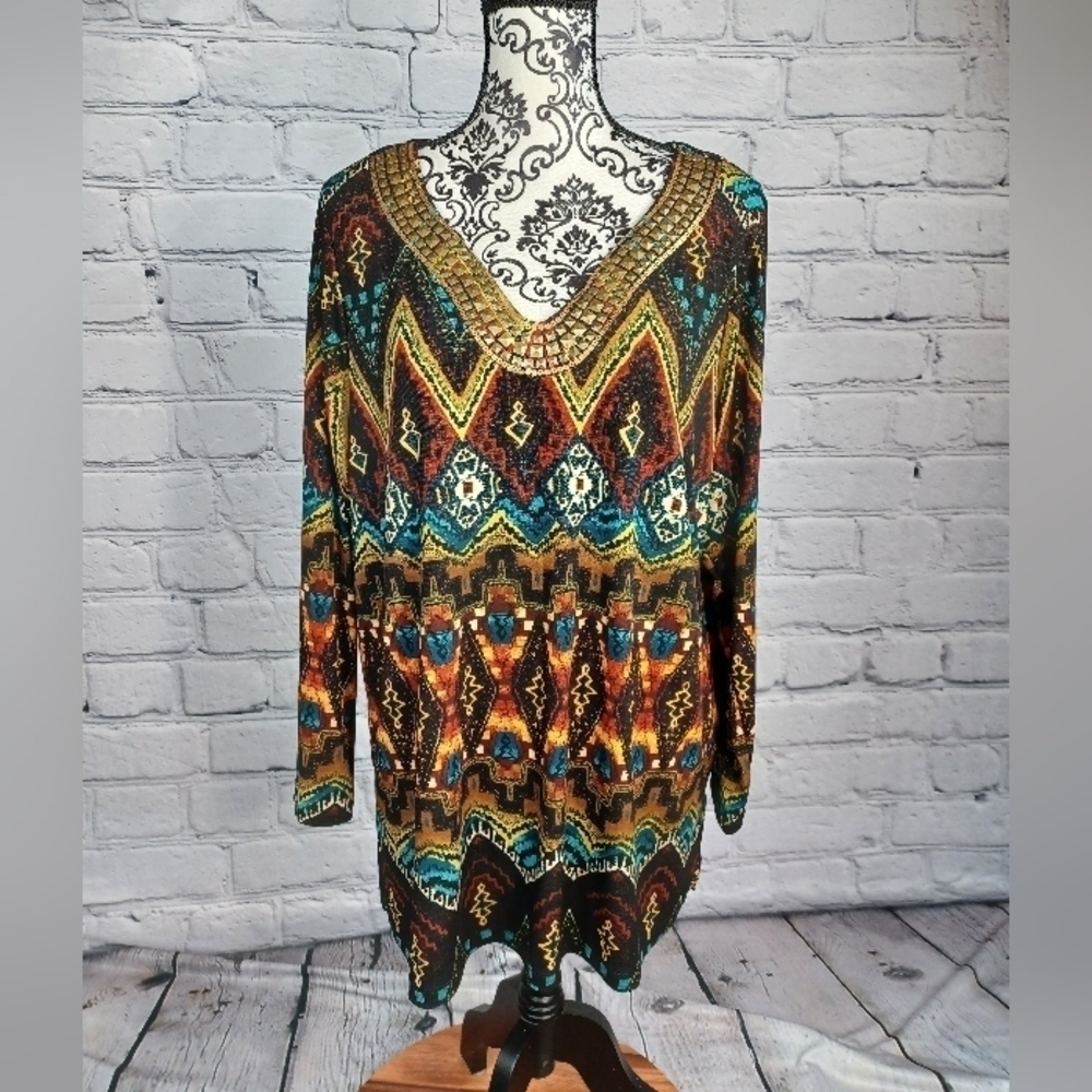 Rafaella women's long sleeve stretch knit geo print beaded front top size 1x b22